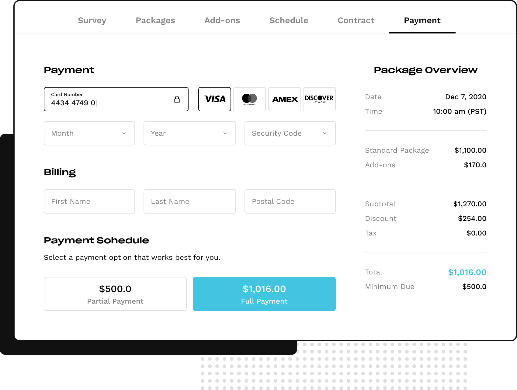 Payment desktop screen